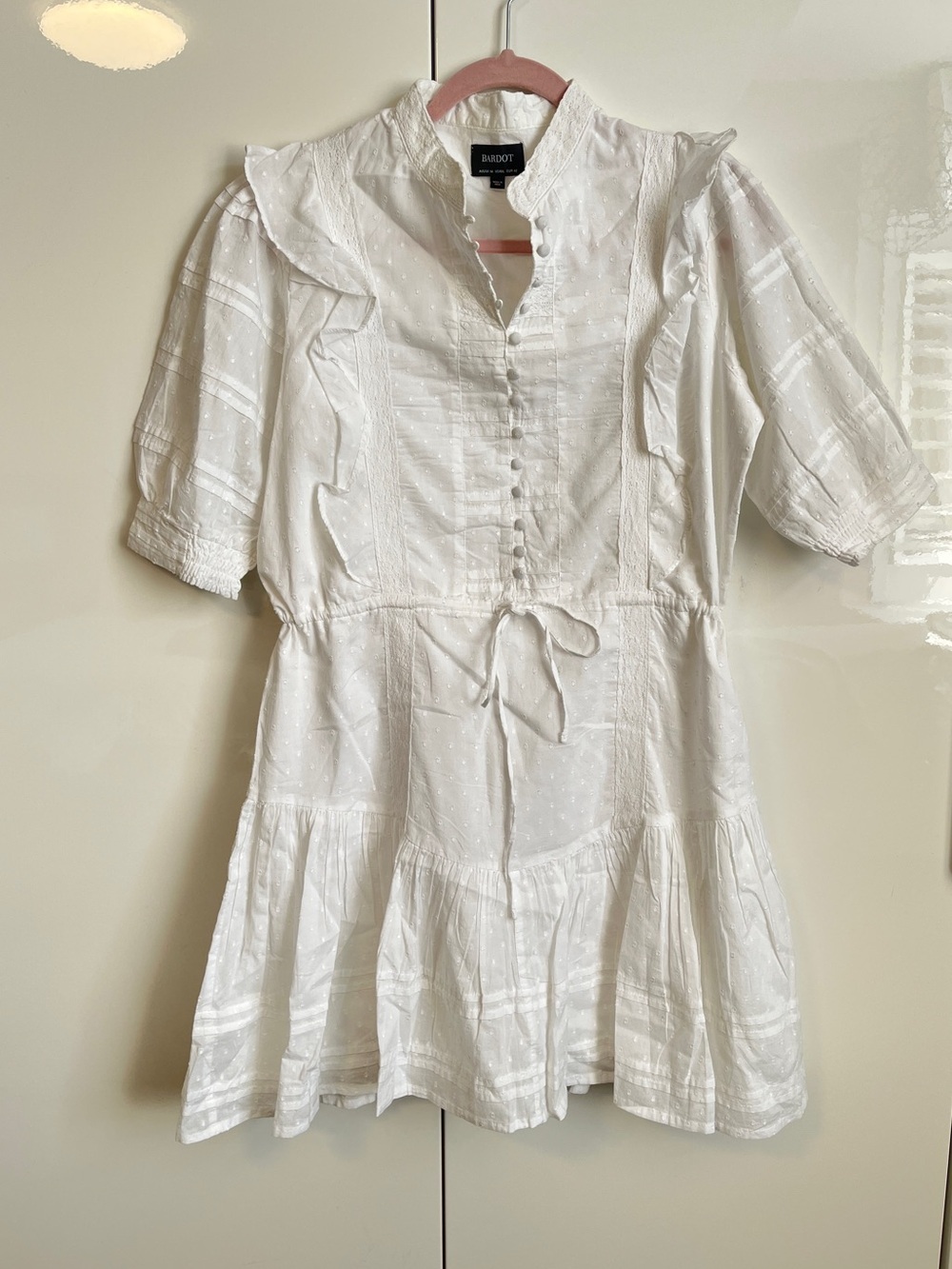 Bardot White Dot and Crochet Mini Dress, Size 10